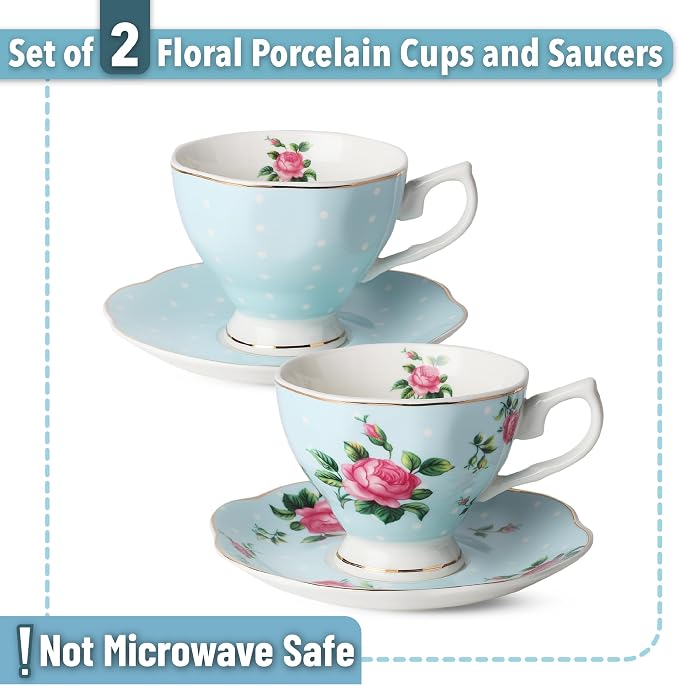 BTaT- Floral Tea Cups and Saucers, 8 oz, Fine Porcelain Teacup Set - Image 2