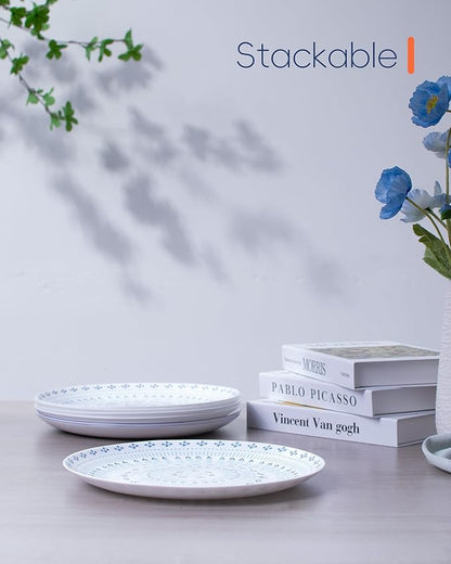 10.5 inch Dinner Plate Set of 6, Lightweight Round Opal Glass Dinnerware Plates, Dishwasher and Microwave Safe, Navy Geometric Floral Mandala Pattern