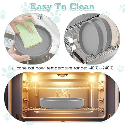 Silicone Cat Food Bowls Shallow Cat Dishes 5.9in Wide Pet Plates Set of 2 Small Flat Dog Saucer Bowl Cute Whisker Fatigue Kitten Feeding Dish for Dry & Wet Food (Round Grey)