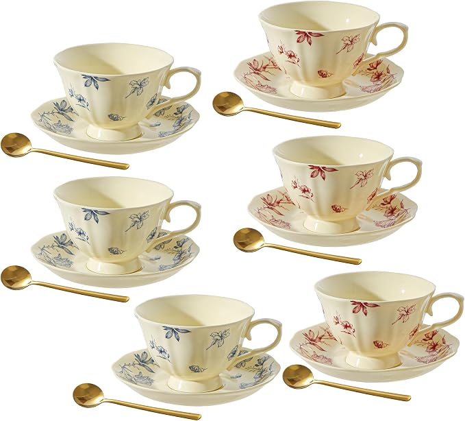Vintage Fancy Porcelain Tea Cups and Saucers Set of 6, 8 oz China Ceramic by Unknown