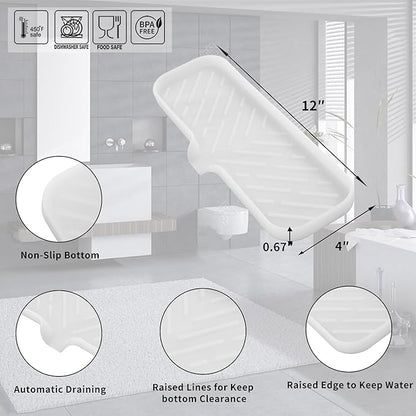 Silicone Bathroom Soap Dishes with Drain Spout-Bathroom and Kitchen Sink Organizer,Sponge Holder,Dish Soap Tray,Perfect for Dispenser,Scrubber,Bottle,Cup on Sink or Counter-Translucent 12"×4"