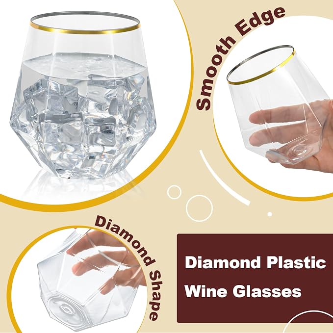 Goodluck 40PCS 12oz Diamond Stemless Plastic Wine Whiskey Glasses, Suitable - Image 3