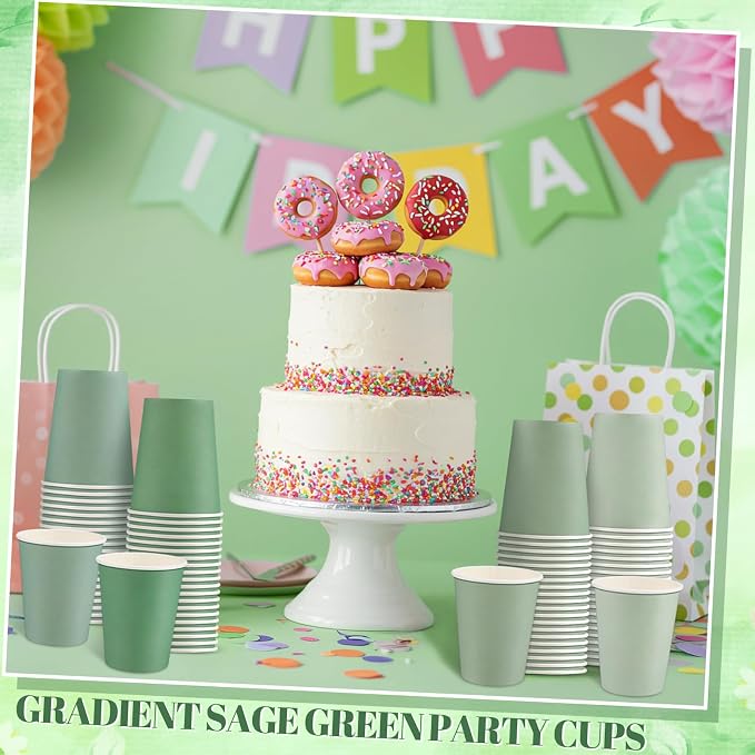 NatNarr 100 Pack Gradient Sage Green Paper Cups, 9oz Baby Shower Paper Cup | - Image 4