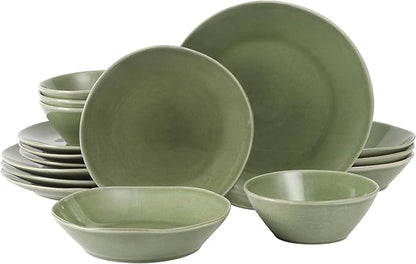 Bloomhouse - Two Time Oprah's Favorite Things Winner - Montecito Breeze 16 Piece (Service for 4) Double Plates and Bowls Stoneware Reactive Glaze Dinnerware Set - Cyprus Green