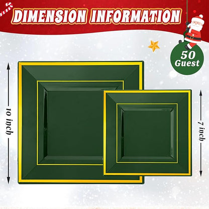 Liacere 100PCS Green and Gold Square Plastic Plates-50PCS Heavy Duty 9.5inch Disposable Dinner Plates and 50PCS 6inch Green Dessert Plate - Gold Plastic Plate for Party&Wedding&Christmas