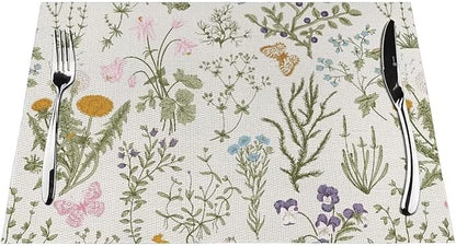 Placemats Set of 4 Vintage Wildflower Herbs Floral Rustic Butterfly Place Mats Floral Woven Table Mats Washable PVC Placemat for Dining Kitchen Decor Indoor Outdoor, 12 x 18 Inch