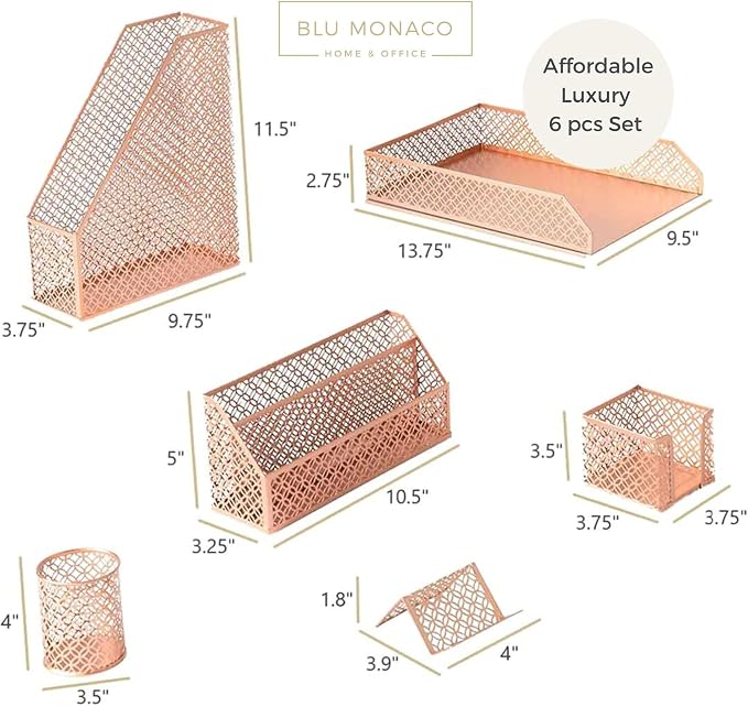 BLU MONACO | Rose Gold Desk Organizer Set | 6 Piece Metal Office Desk Organizer - Image 5
