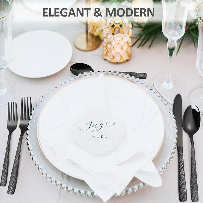 20 Piece Black Modern Flatware Set Hammered Silverware Set Stainless Steel Fine - Image 5