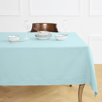 Solino Home Linen Tablecloth for Rectangle Tables 60 x 108 Inch - Classic Hemstitch 100% Pure Linen Aqua Blue Table Cloth - Machine Washable Cloth Tablecloth for Spring, Easter