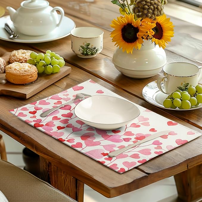 Pink Love Heart Valentine's Day Placemats Set of 4 Valentine Seasonal Holiday Linen Table Mats 12x18 Inch Anniversary Wedding Sweet Romantic Place Mats for Party Kitchen Dining Outdoor Indoor Decor