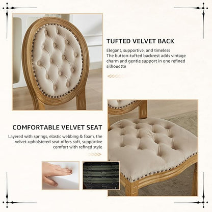 Vintage French Dining Chairs Set of 2, Round Back Velvet Upholstered Accent Chairs with Nailhead Trim and Solid Wood Frame, Elegant Sillas de Comedor for Dining Room & Kitchen, Beige