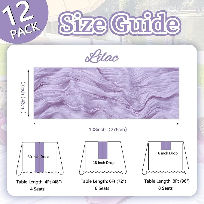 12 Pack Lilac Purple Cheesecloth Table Runner 17 x 108 Inch | Boho Gauze Cheese - Image 2