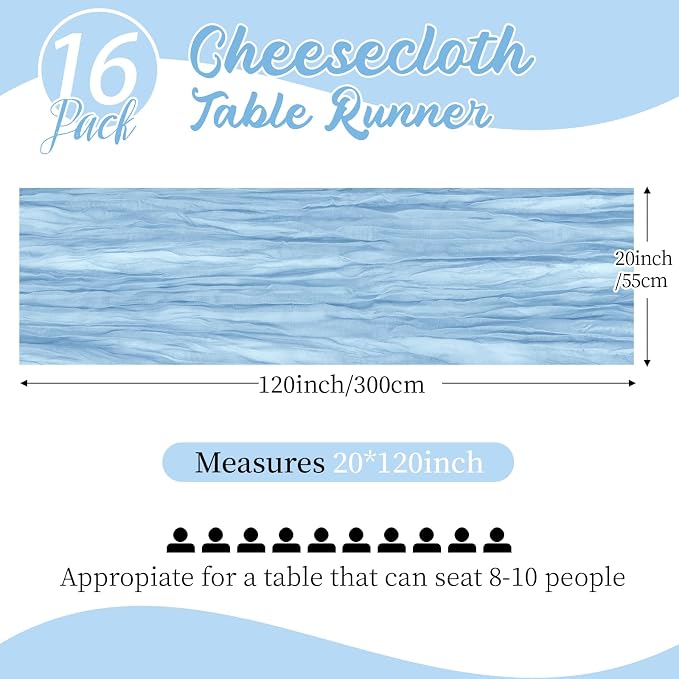 16 Pack Baby Blue Cheesecloth Table Runners 20x120 Inch Gauze Table Runner 10FT - Image 2