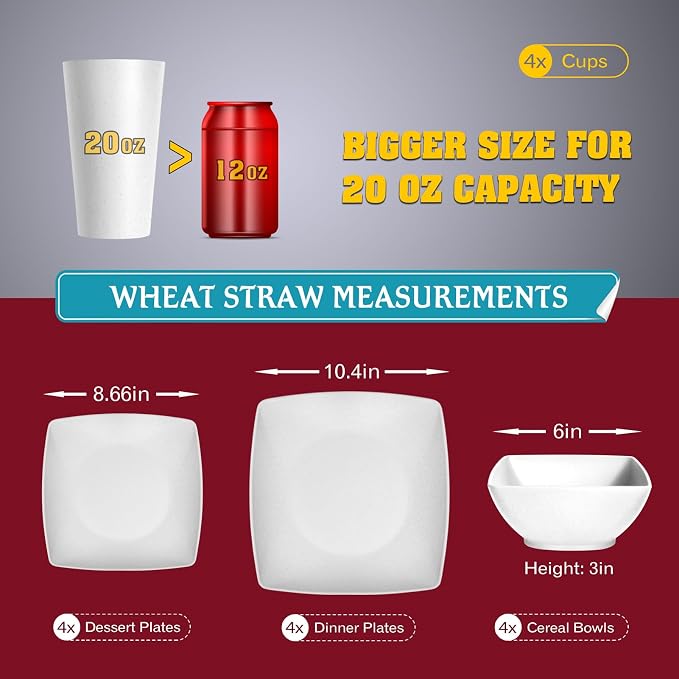 Teivio 16-piece Plastic Wheat Straw Square Dinnerware Set - Image 2