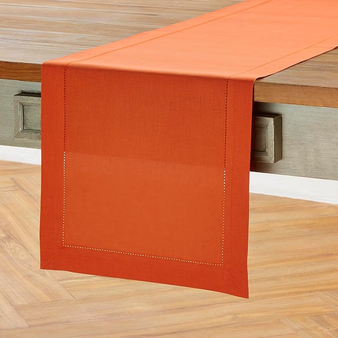 Solino Home Cotton Linen Table Runner Burnt Orange Hemstitch, 14 x 108 in | - Image 2