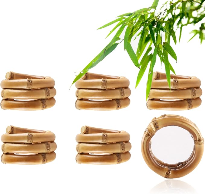 Natural Bamboo Napkin Rings Set of 6, Handmade Rattan Napkin Holder Rings by QIAOIDEA