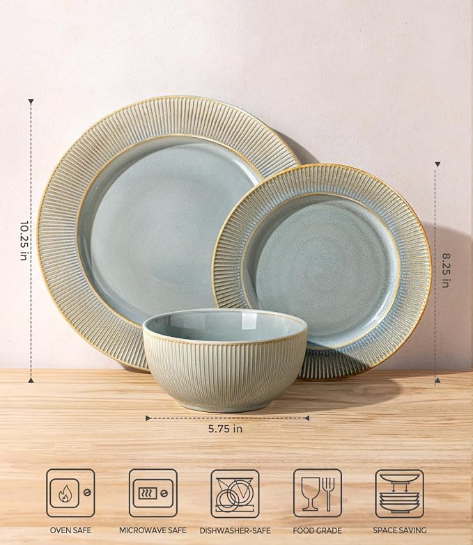 Ceramic Dinnerware Set for 4, 12-Piece Plates and Bowls Set | Lightweight - Image 2