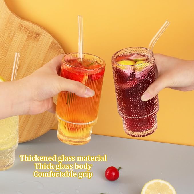 Glass Cups Set with Straw/Bamboo Lid, 12 oz Stackable Serving Drinking Glasses - Image 4