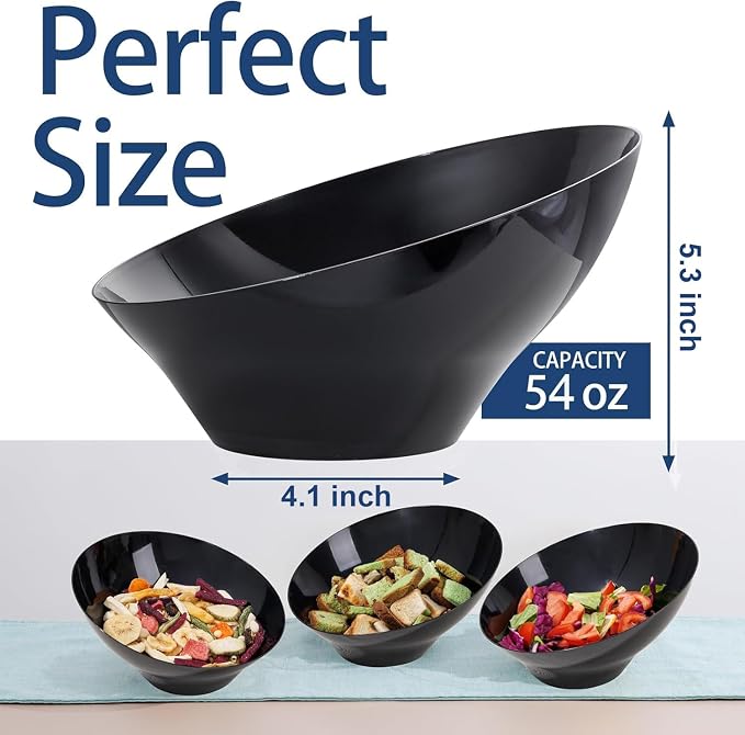 bUCLA 12 Pack Black Plastic Serving Bowls - 54 OZ Angled Bowls Disposable - Image 2