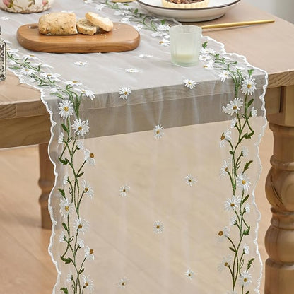 Artoid Mode Daisy Floral Milky White Shaped Gauze Embroidery Table Runner 120 by ArtoidMode