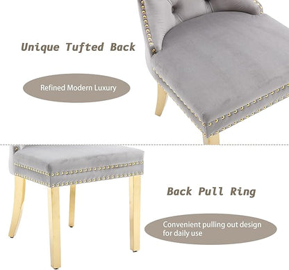 KCC Velvet Dining Chairs Set of 4, Upholstered High-end Tufted Dining Chair with Nailhead Back Ring Pull Trim Stainless Steel Legs, Contemporary Nikki Collection Modern Style for Kitchen, Light Gray