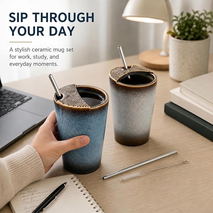 2 Pack Ceramic Coffee Mug with Sip Hole, Retro Espresso Cup 13 oz with 2 Straws - Image 6