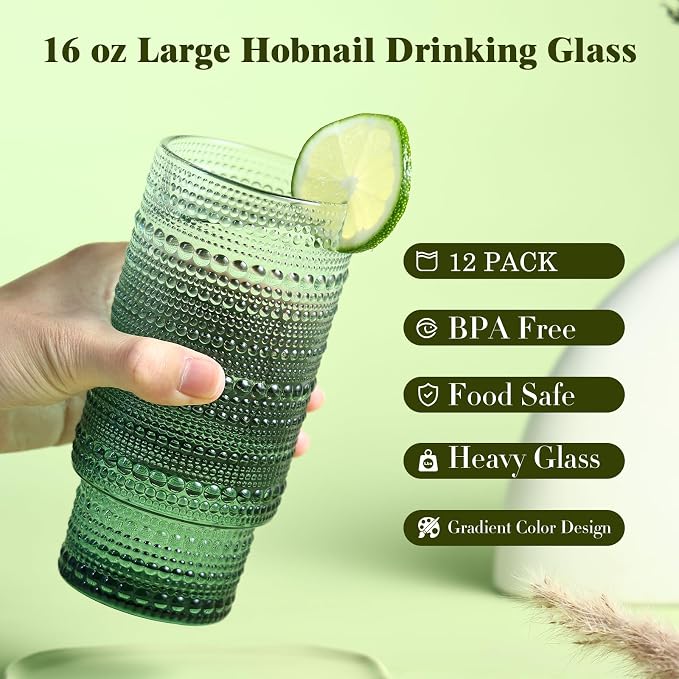 Large Capacity 16 oz Hobnail Drinking Glasses Set of 12, Vintage Glassware - Image 2