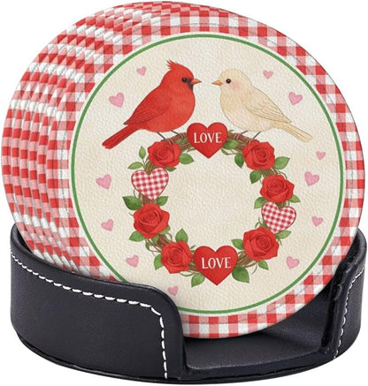 Love Rose with Birds Leather Coasters Set of 6 with Holders - Image 4