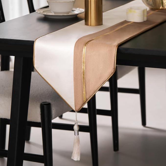 Avigers Table Runner 12 x 90 Inch, Chestnut White, Tassels | Faux Silk by Avigers