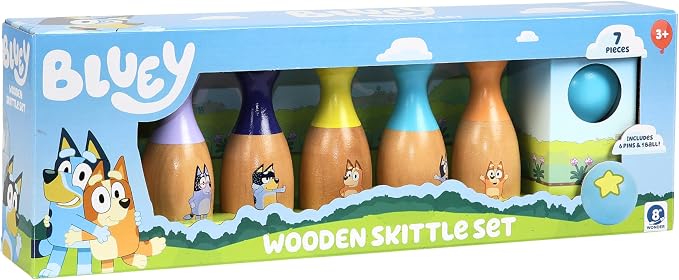 Bluey Wooden Bowling Set, 6 Character Pins, Indoor & Outdoor | Durable wood by Bluey