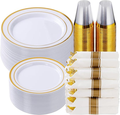 Goodluck 350 Piece Gold Plastic Dinnerware Set for 50 Guests, Fancy Disposable Plates for Party, Include: 50 Dinner Plates, 50 Dessert Plates, 50 Pre Rolled Napkins with Silverware, 50 Cups