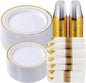 Goodluck 350 Piece Gold Plastic Dinnerware Set for 50 Guests, Fancy Disposable Plates for Party, Include: 50 Dinner Plates, 50 Dessert Plates, 50 Pre Rolled Napkins with Silverware, 50 Cups