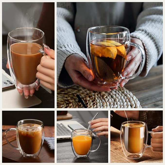 DINGPAI 4 Pack Double Wall Glass Coffee Mugs, 12oz Clear Coffee Cups | Heat - Image 8