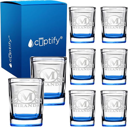 Personalized Square Shot Glasses Set of 8 Blue Bottom 2oz Engraved Initial and Name Custom Gifts, Weddings, Birthdays, Party, Event, Decorations