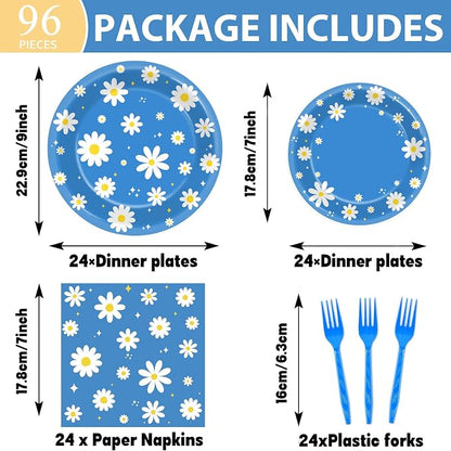 96Pcs Daisy Birthday Party Supplies Groovy Flower Paper Plates and Napkins - Image 2