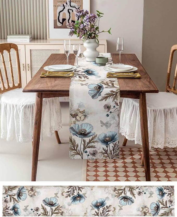 Vintage Tulip Flowers Short Table Runners 48 Inches, Cotton Linen Fabric Table - Image 6