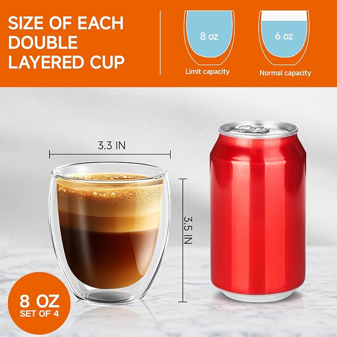 8 Ounces Set of 4 Double Walled Glass Coffee Mugs Insulated Layer Coffee Cups - Image 4
