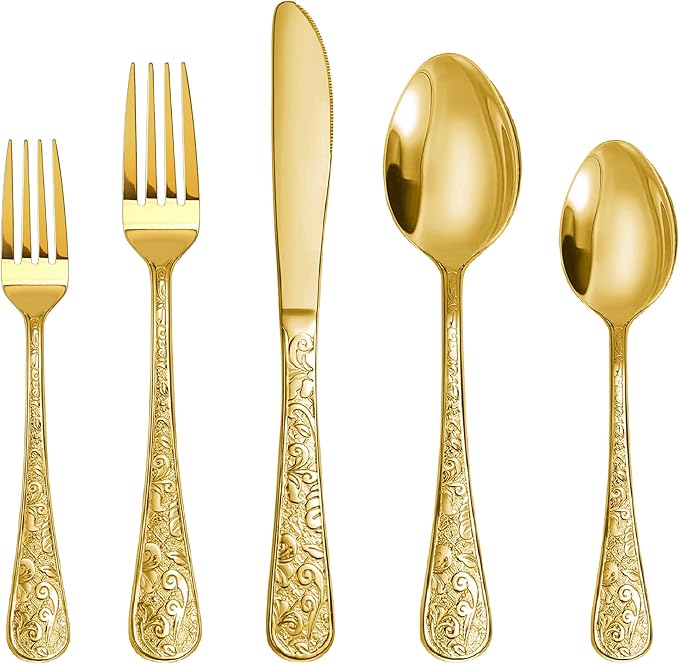 Runfly Vintage Carved Gold Stainless Steel 20-Piece Flatware Set | Silverware by Runfly