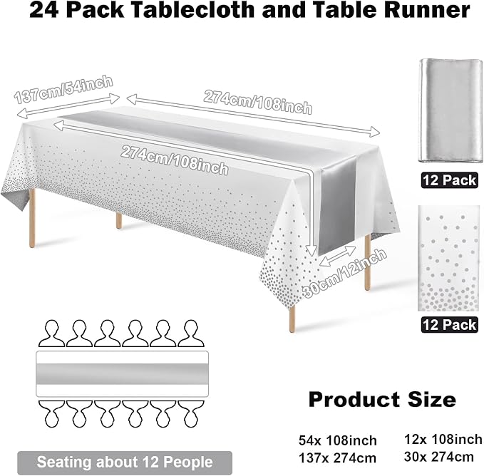 MASHAN 24Pack Disposable Plastic Tablecloths and Satin Table Runner Set White - Image 2