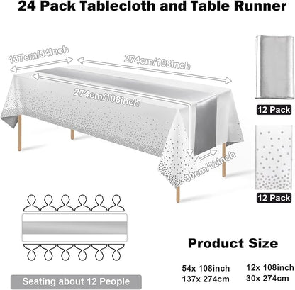 MASHAN 24Pack Disposable Plastic Tablecloths and Satin Table Runner Set White - Image 2