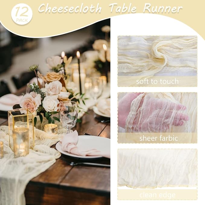 12 Pack 10Ft Cheesecloth Table Runner 35x120 Inch Boho Gauze Rustic Cheese - Image 4