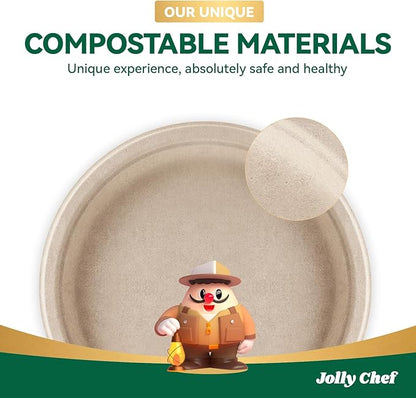 JOLLY CHEF Compostable Heavy Duty Plates 𝟳 𝗶𝗻𝗰𝗵 𝗮𝗻𝗱 𝟵 𝗶𝗻𝗰𝗵 [𝟭𝟮𝟬 𝗣𝗮𝗰𝗸] Eco-Friendly Disposable Paper Plates Bagasse Biodegradable Sugarcane for Party Hot Cold Foods Christmas(Brown)