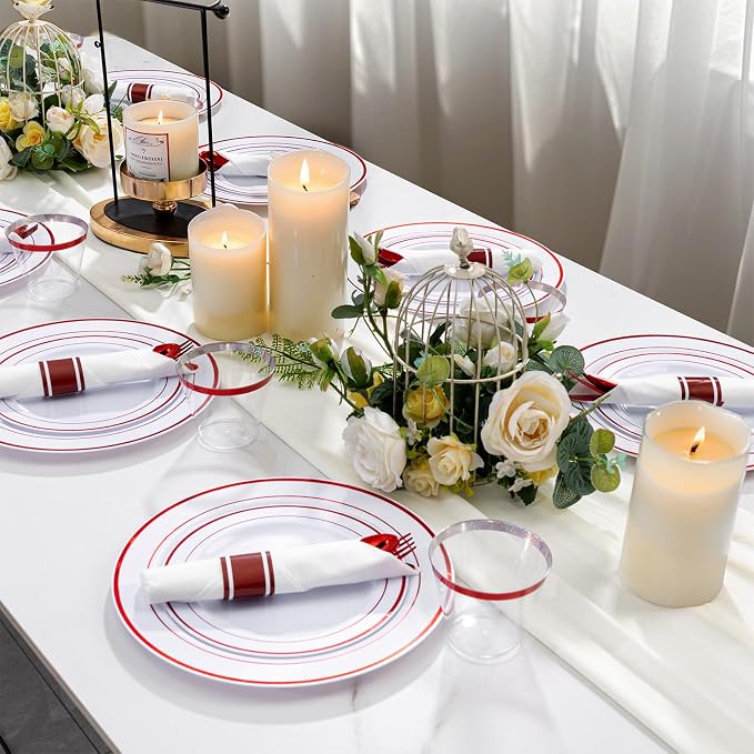 WELLIFE 210 Piece Red Plastic Dinnerware Set, Disposable Plates - Image 6