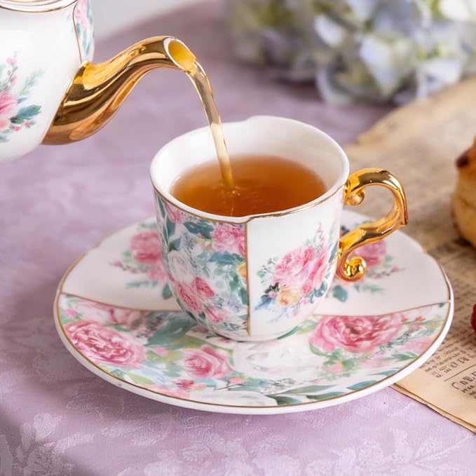 KAMMAK Tea Cups and Saucers Set of 2, 4 oz Porcelain Coffee Cups, YX013 | - Image 4