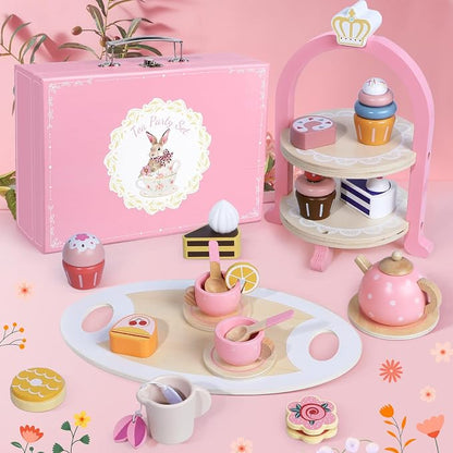 Wooden Tea Party Set for Little Girls, Toddler Girl Gifts Princess Tea Time Toys - Image 4