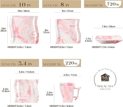 MALACASA Dinnerware Sets, 30-Piece Pink Plates and Bowls Sets for 6, Porcelain Dinnerware Set with Plates and Bowls, Cups and Sacuers, Square Dish Set, Modern Dining Ware Set, Series Flora