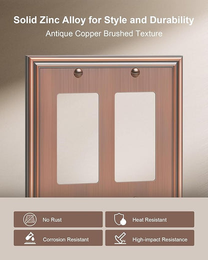 2-Pack Decorative Double Decorator Outlet Cover Plate, Durable Zinc Alloy Antique Copper Wall Plates for Electrical Outlets, Receptacle, GFCI Outlet, Dimmer Switch, 2-Gang Corrosion Resistant