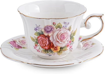 Ceramic Floral Cups with Saucers，7 oz Espresso Cups by Unknown