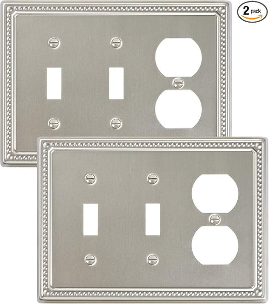 2-Pack Combo Duplex/Double Toggle Light Switch Cover Plate, Brushed Nickel Pearls Decorative Switch Plates and Outlet Covers, Metal Wall Plates for Electrical Outlets