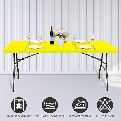 10 Pack Fitted Tablecloth for 8 Foot Rectangle Tables, Yellow Elastic Outdoor Picnic Table Cover, Washable Stretch Folding Table Cloths 8 ft for Camping Party Patio Kitchen Banquet, 30" W x 96" L